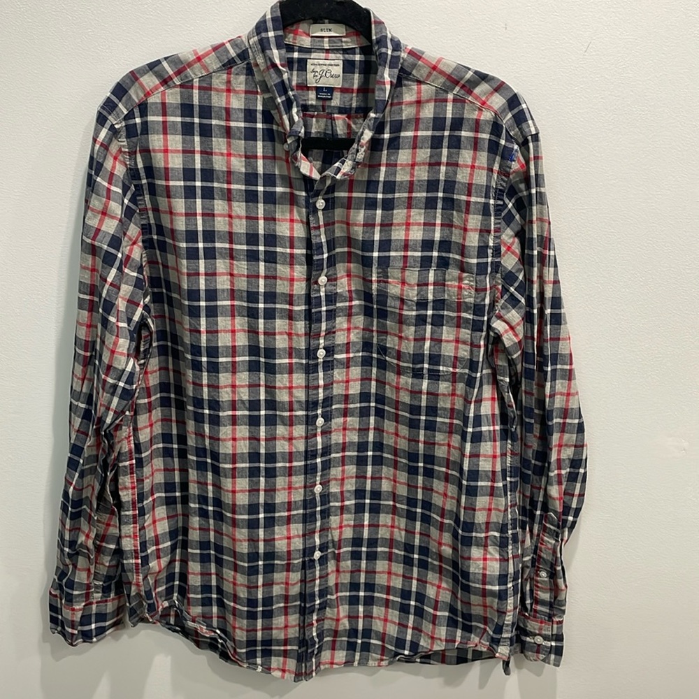 Men’s J. Crew slim fit plaid button down tan navy red office work preppy shirt